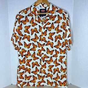 Petals and Peacocks Butterfly Effect SS woven Vacation Shirt orange & cream NWT